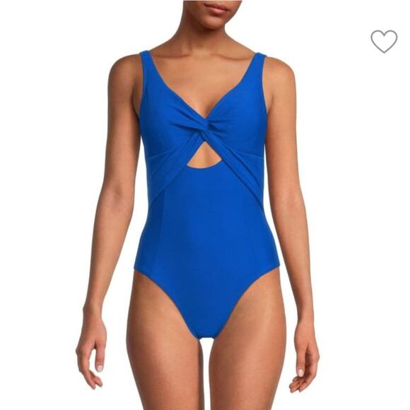 DKNY 50 UPF/SPF Cobalt Blue One Piece Swimsuit V-Neck Knotted Front 14 / Large - Picture 7 of 10